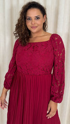 CurveWow Square Neck Lace Top Pleated Dress Wine