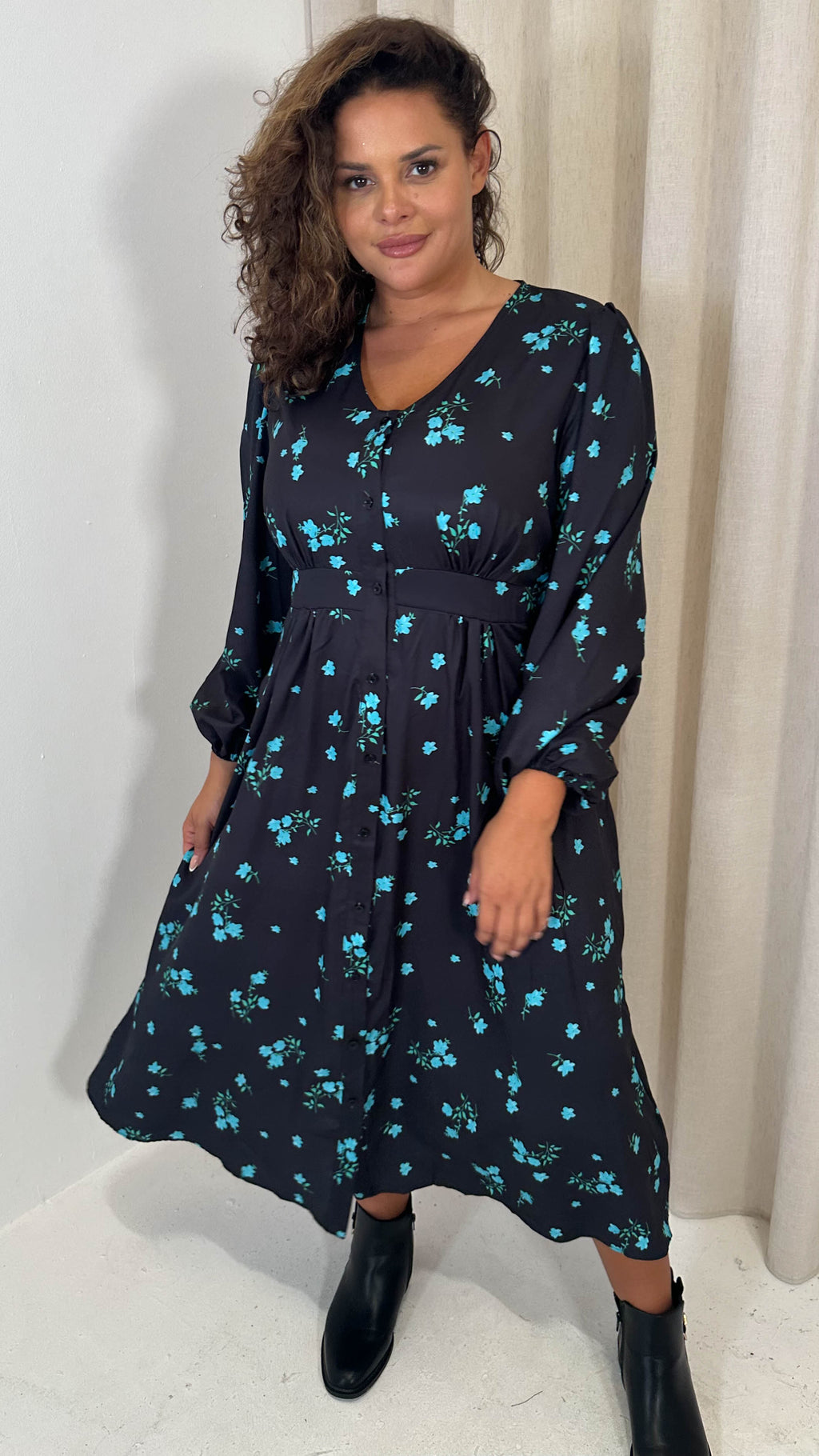 CurveWow Button Front Dress Black Blue Floral