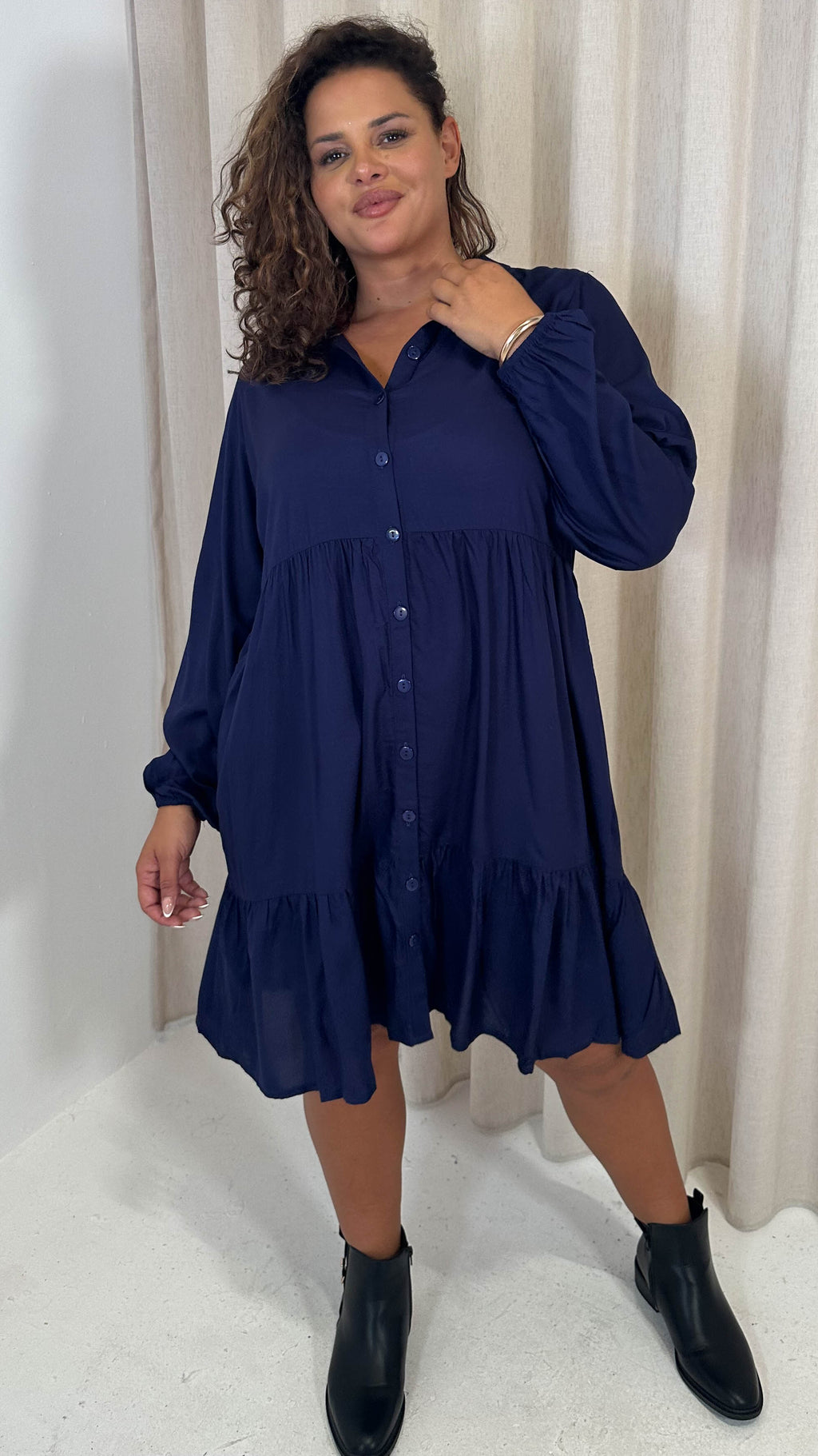 CurveWow Tiered Cargo Shirt Dress Navy