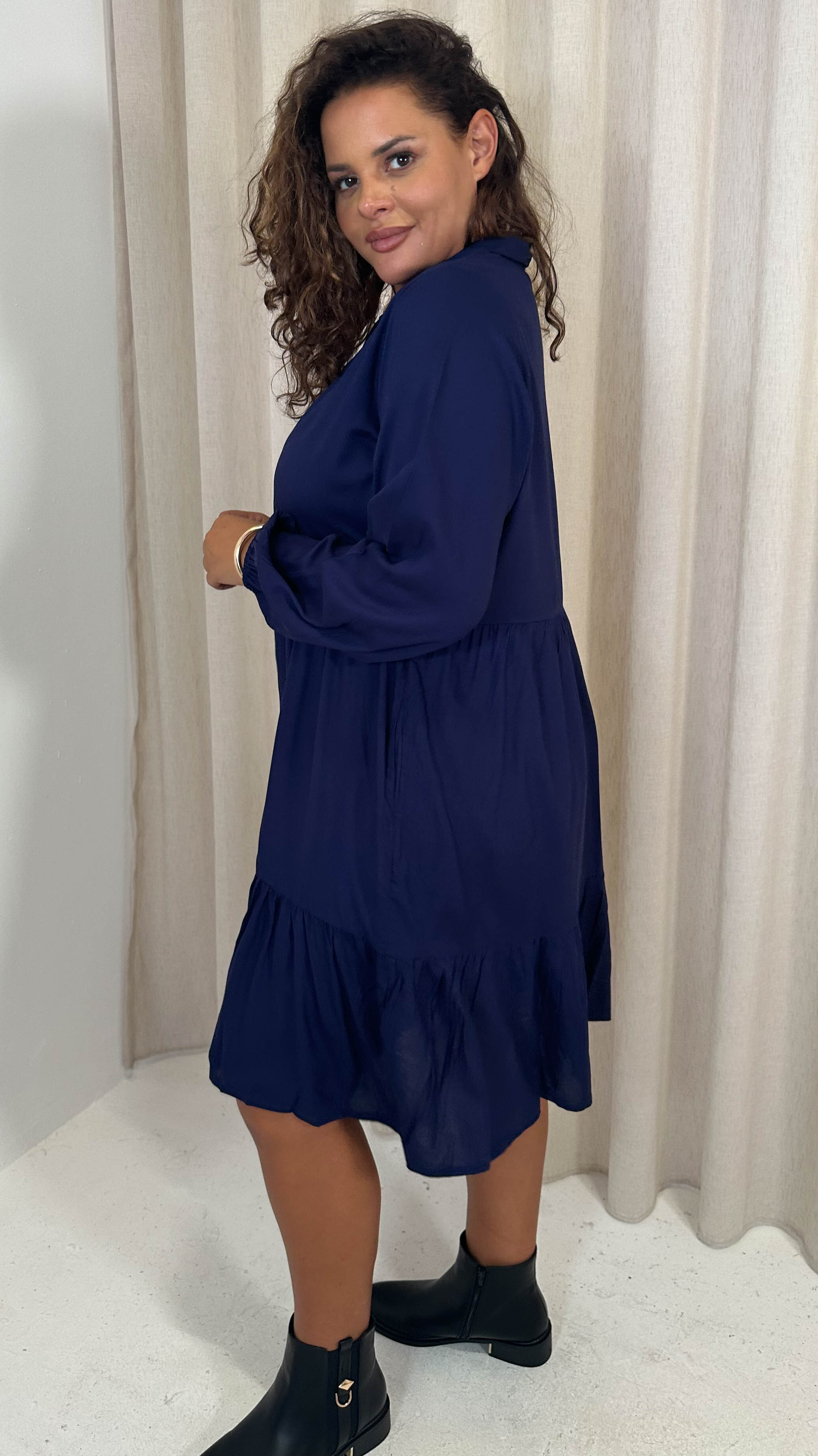 CurveWow Tiered Cargo Shirt Dress Navy