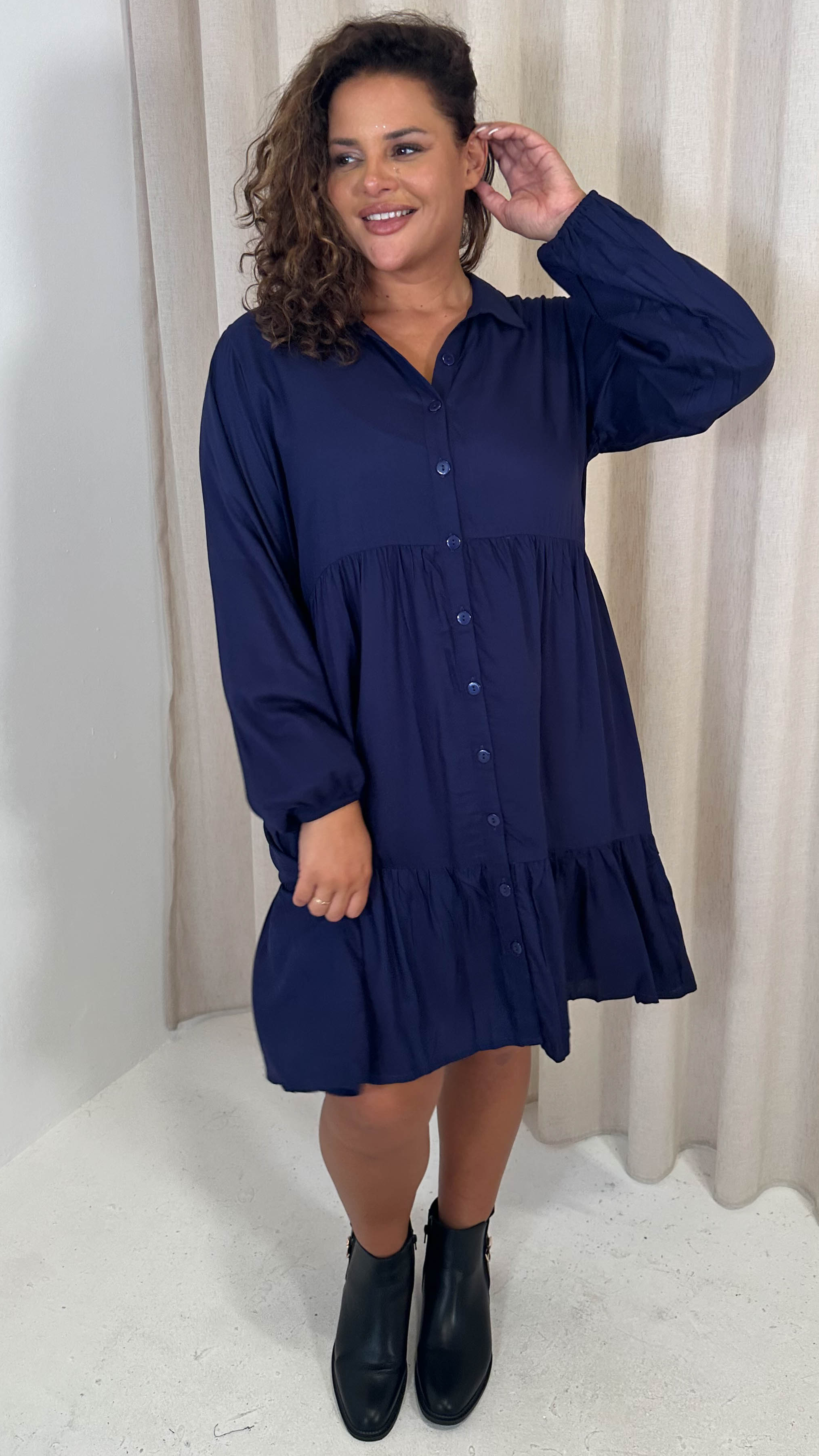 CurveWow Tiered Cargo Shirt Dress Navy