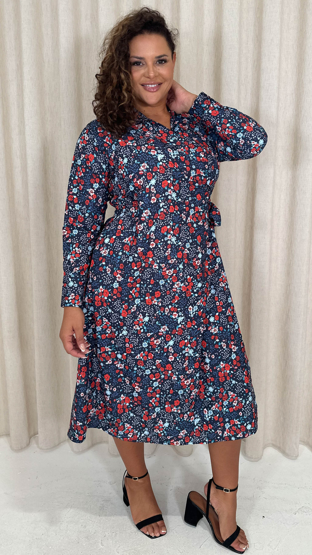 CurveWow Midi Wrap Shirt Dress Navy & Red Floral