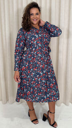 CurveWow Midi Wrap Shirt Dress Navy & Red Floral