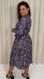 CurveWow Midi Wrap Shirt Dress Navy & Red Floral