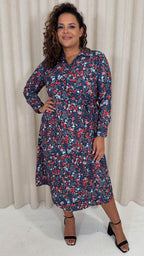 CurveWow Midi Wrap Shirt Dress Navy & Red Floral