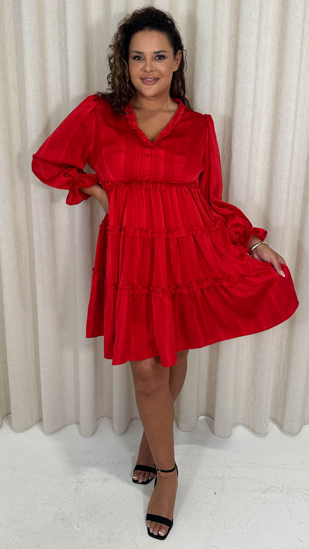 CurveWow Striped Satin Tiered Mini Dress Red