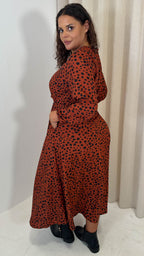 CurveWow Tie Waist Crew Neck Midi Dress Rust Spot