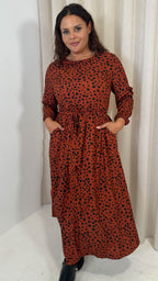 CurveWow Tie Waist Crew Neck Midi Dress Rust Spot