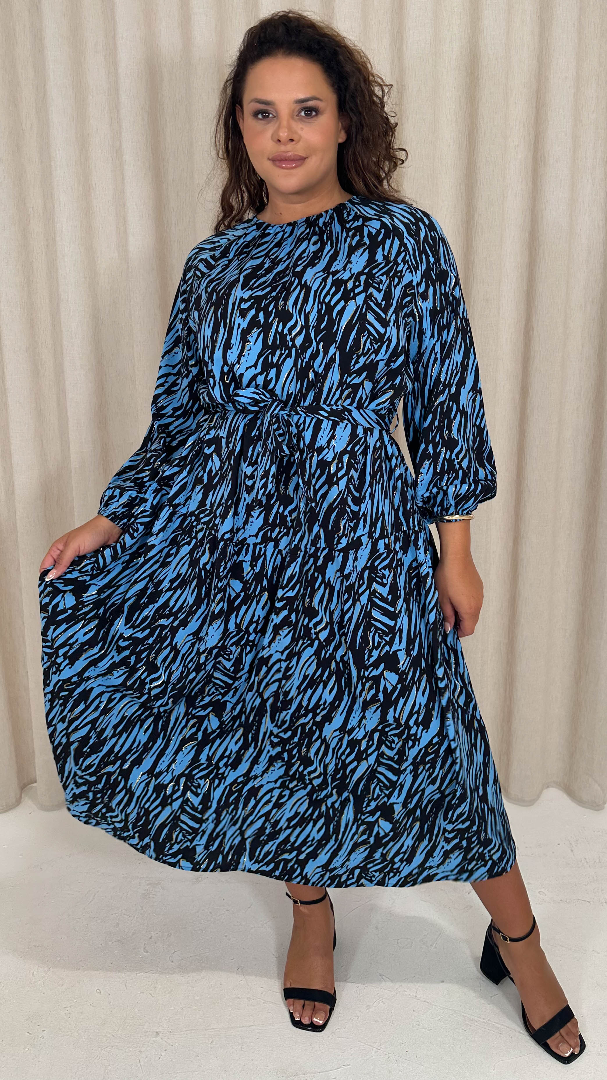 CurveWow Tiered Midaxi Dress Blue Zebra