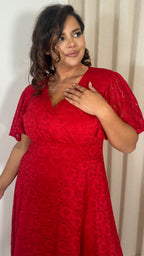 CurveWow Lace Angel Sleeve Maxi Dress Red