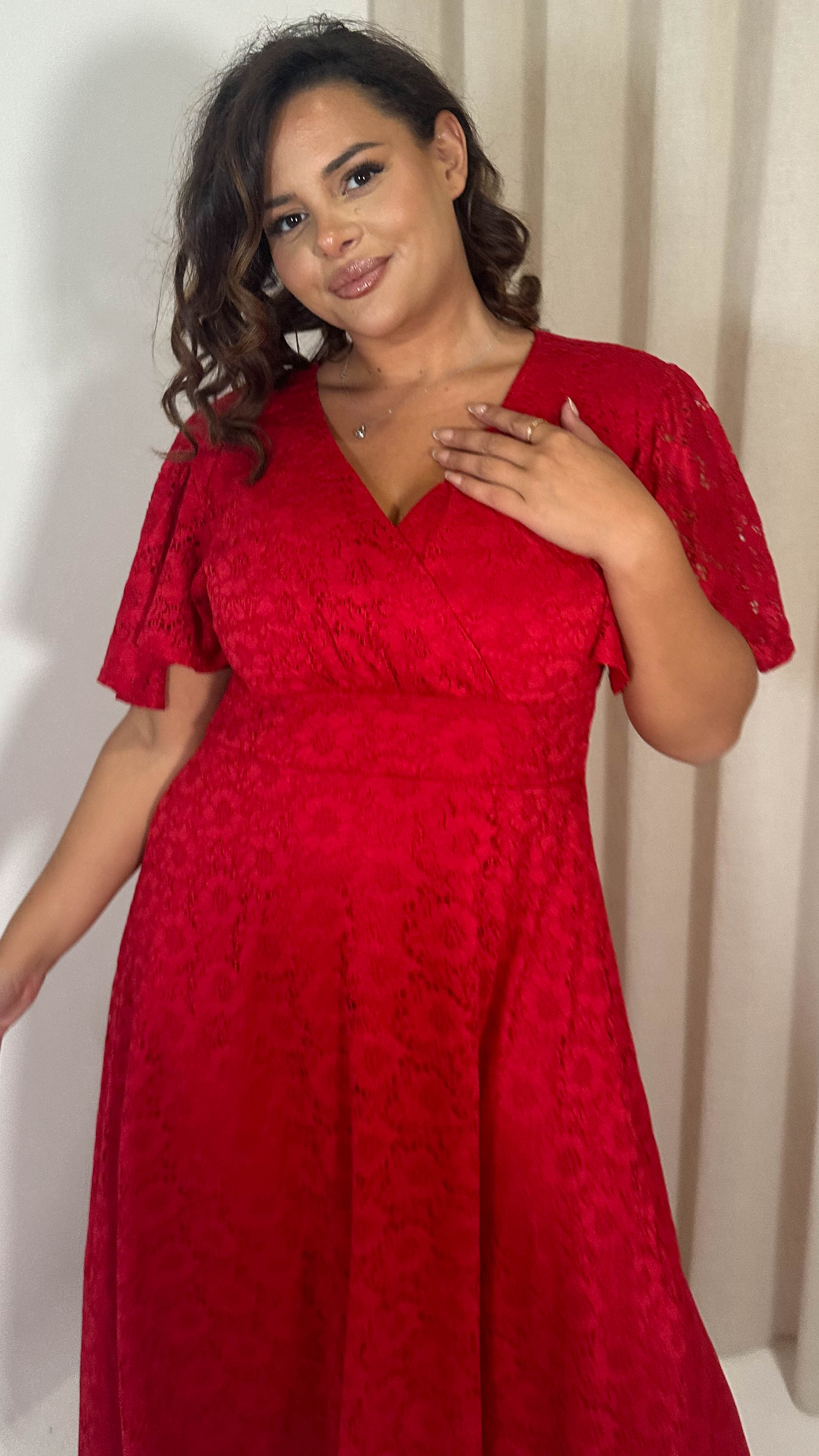 CurveWow Lace Angel Sleeve Maxi Dress Red