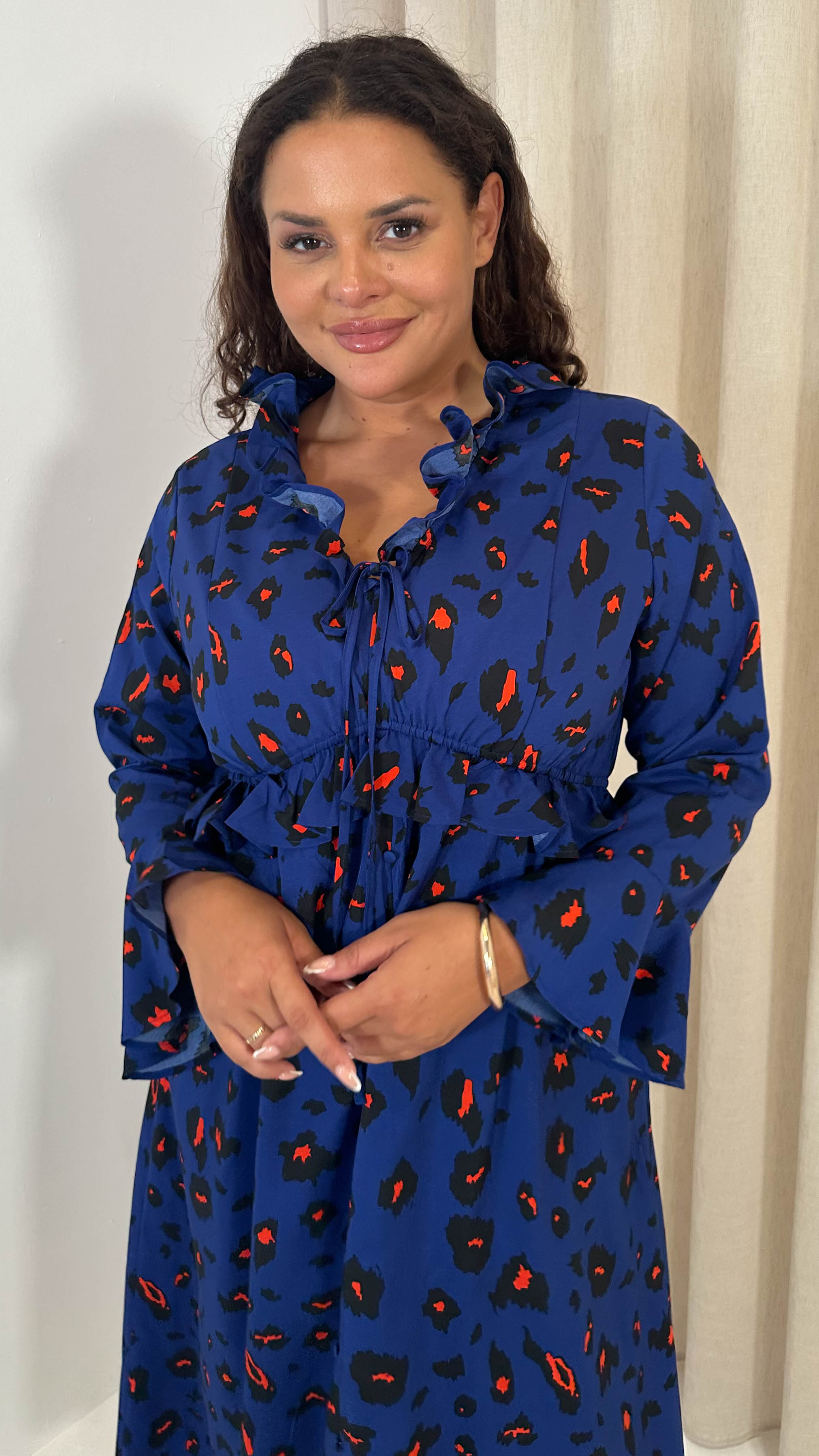 CurveWow Ruffle Button Front Flare Sleeve Midi Dress Blue Animal