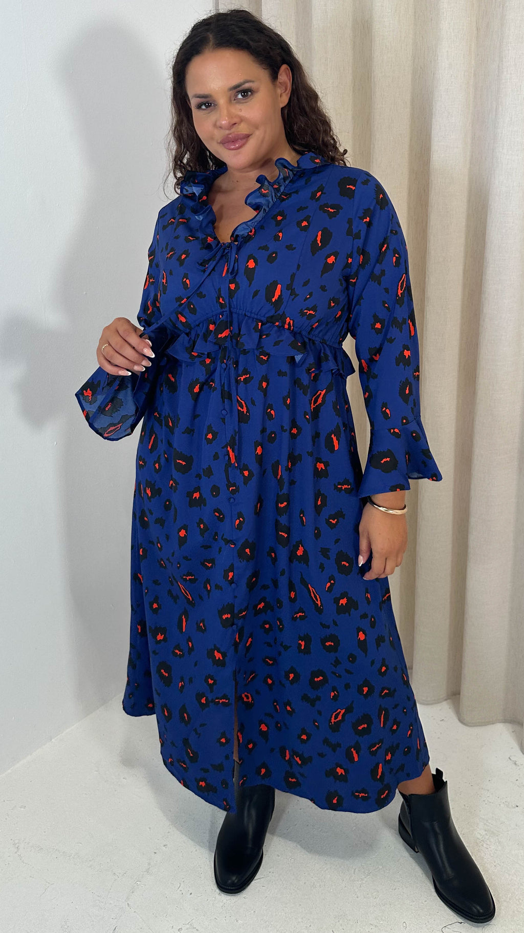 CurveWow Ruffle Button Front Flare Sleeve Midi Dress Blue Animal