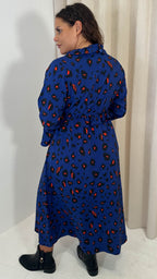 CurveWow Ruffle Button Front Flare Sleeve Midi Dress Blue Animal