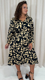 CurveWow V Neck Midi Dress Black Base Abstract