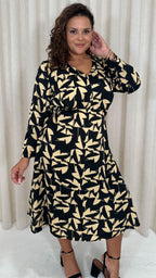 CurveWow V Neck Midi Dress Black Base Abstract