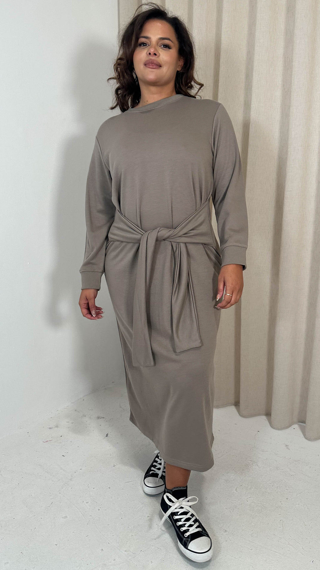 CurveWow Midi Jumper Dress With Tie Waist Beige