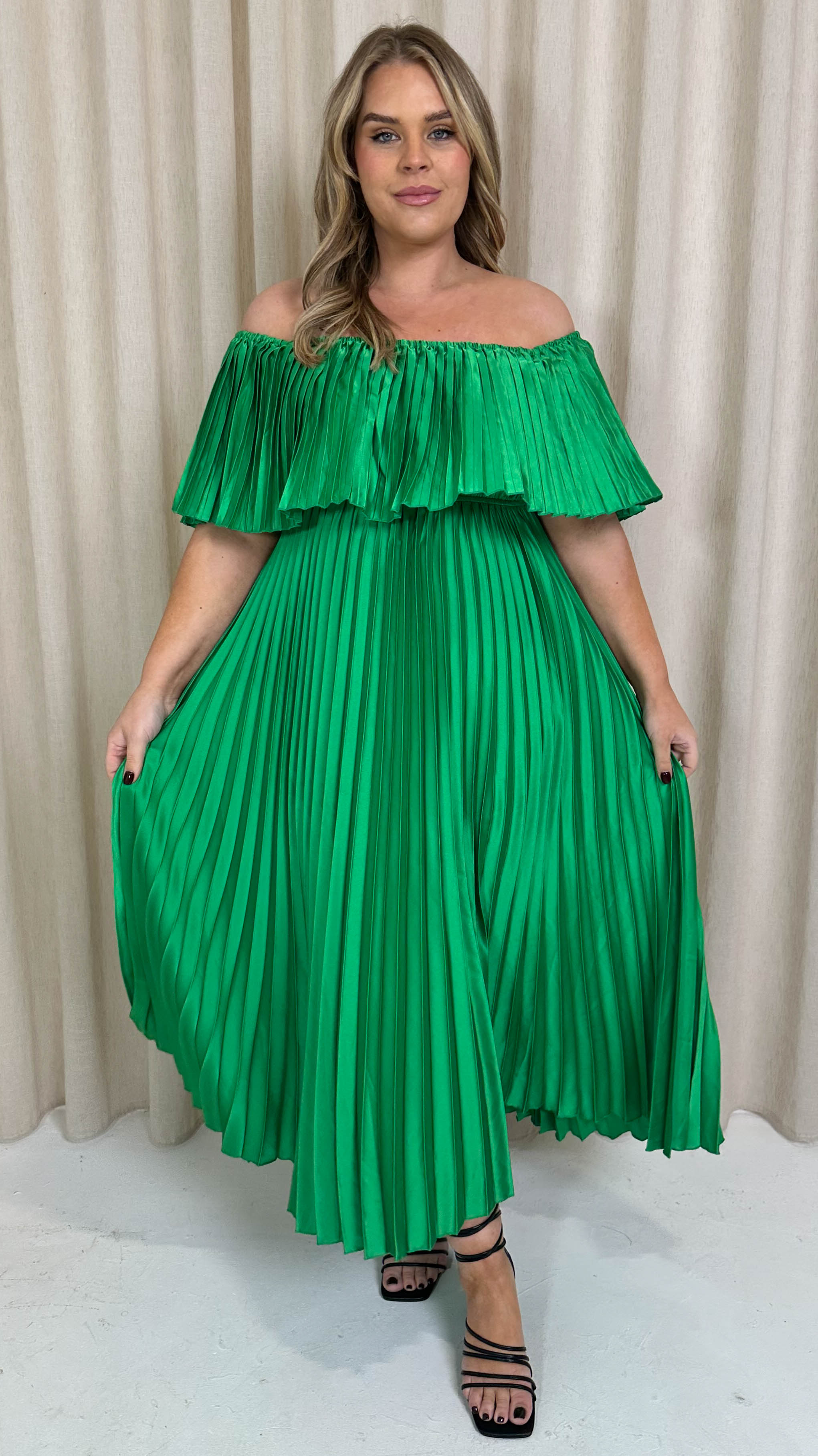 CurveWow Pleated Bardot Maxi Dress Emerald Green
