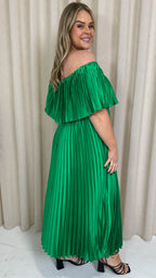 CurveWow Pleated Bardot Maxi Dress Emerald Green