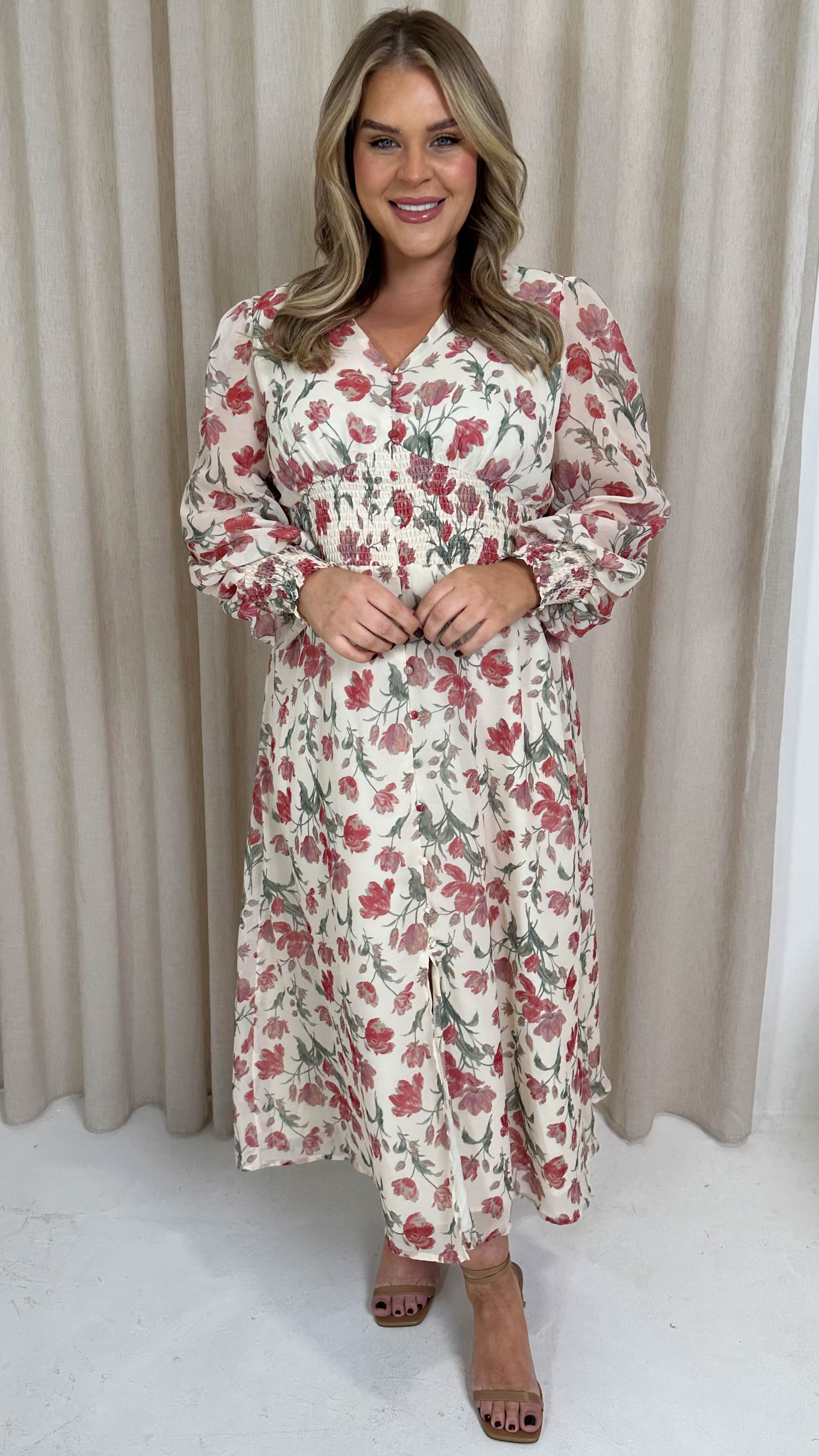 CurveWow Button Front Maxi Dress Ivory Floral