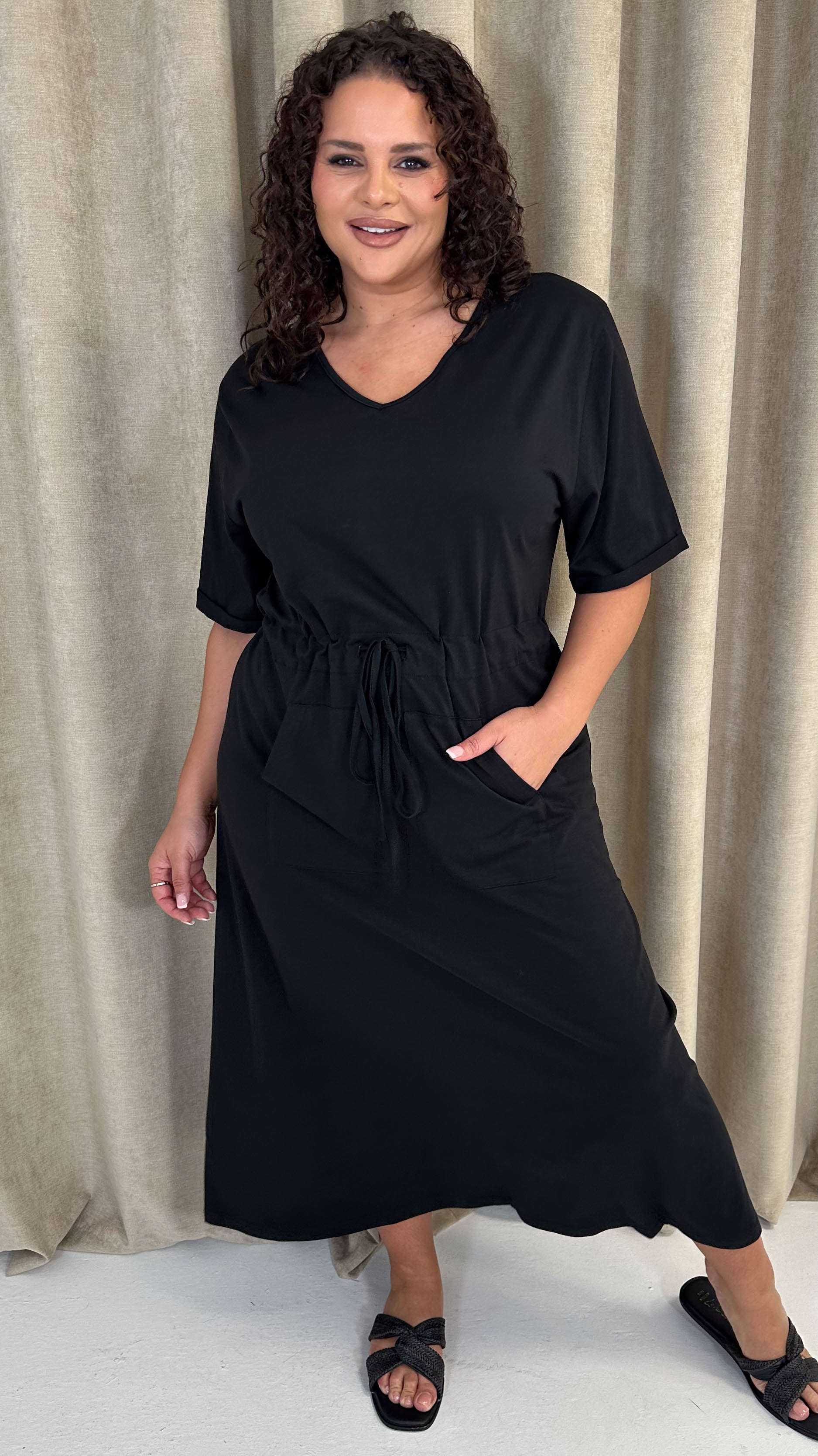 CurveWow Maxi T-Shirt Dress With Drawstring Black