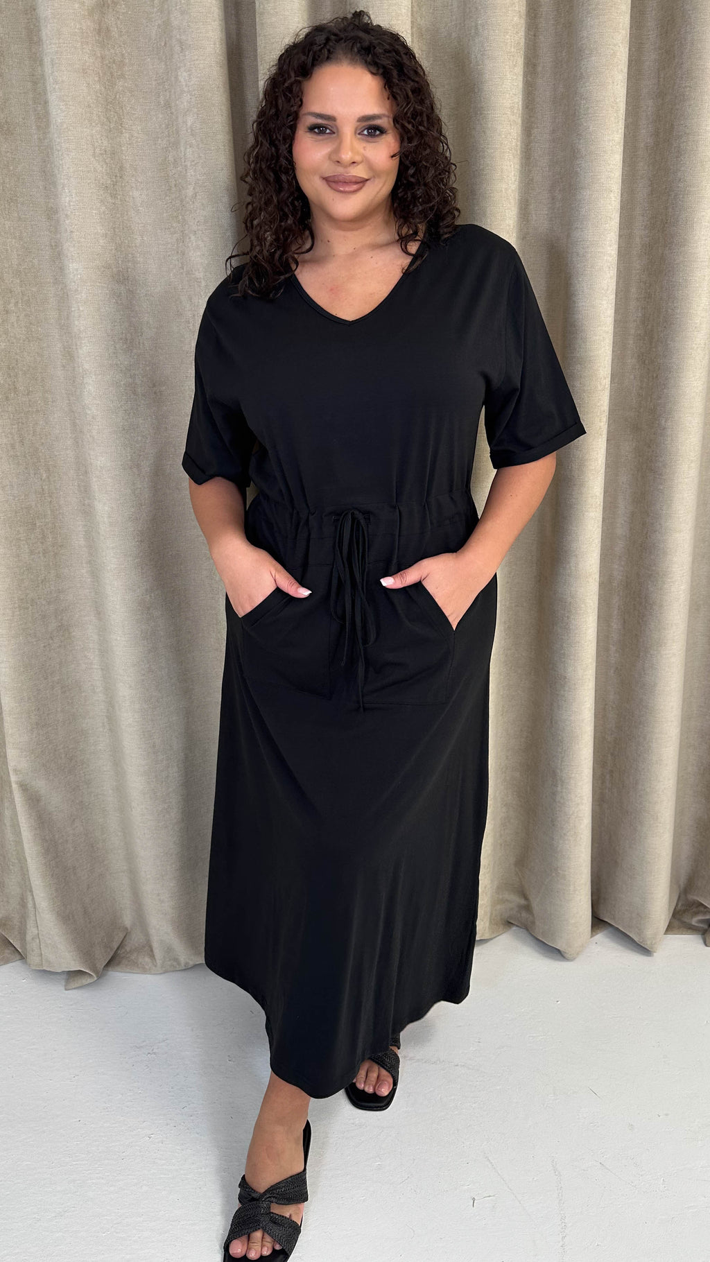 CurveWow Maxi T-Shirt Dress With Drawstring Black