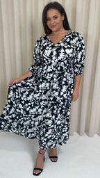 CurveWow Tiered Vneck Balloon Sleeve Maxi Dress Black Floral