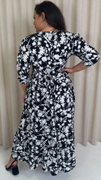CurveWow Tiered Vneck Balloon Sleeve Maxi Dress Black Floral