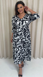 CurveWow Tiered Vneck Balloon Sleeve Maxi Dress Black Floral