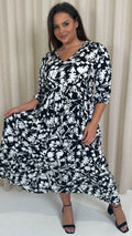 CurveWow Tiered Vneck Balloon Sleeve Maxi Dress Black Floral