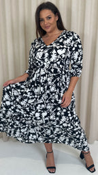 CurveWow Tiered Vneck Balloon Sleeve Maxi Dress Black Floral