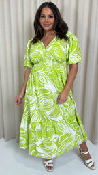 CurveWow Puff Sleeve Vneck Maxi  Dress Lime Abstract