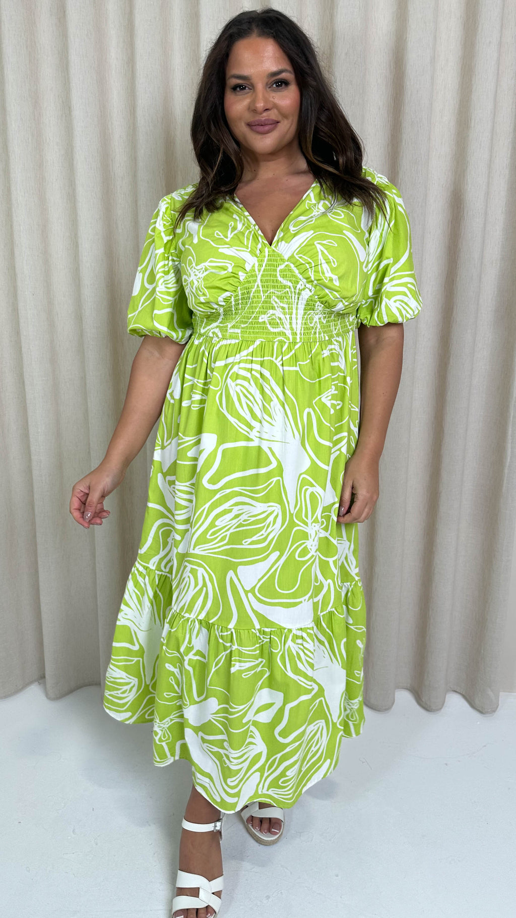 CurveWow Puff Sleeve Vneck Maxi  Dress Lime Abstract