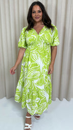 CurveWow Puff Sleeve Vneck Maxi  Dress Lime Abstract