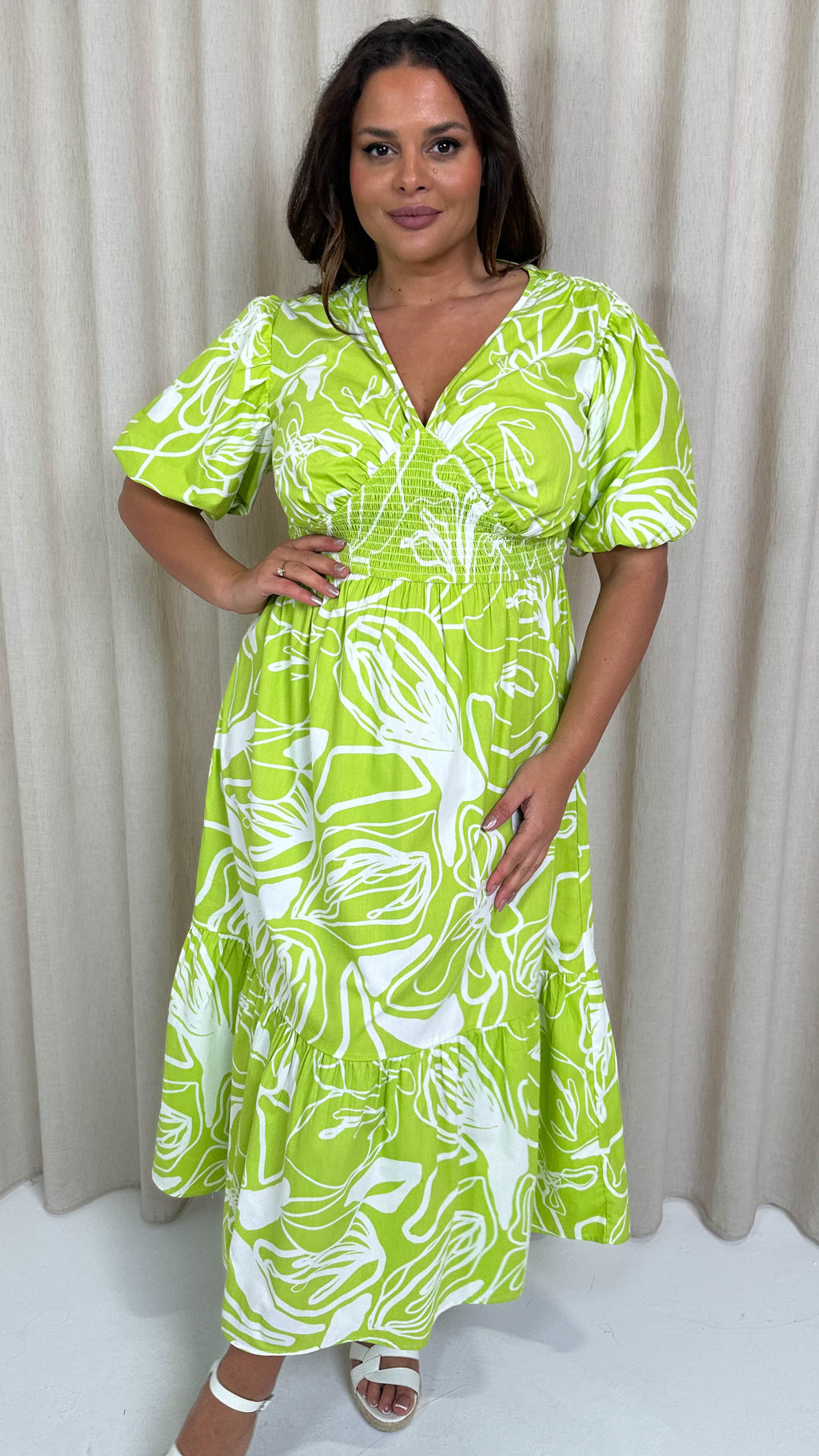 CurveWow Puff Sleeve Vneck Maxi  Dress Lime Abstract