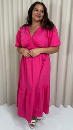 CurveWow Puff Sleeve Vneck Maxi Dress Fuchsia