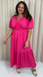 CurveWow Puff Sleeve Vneck Maxi Dress Fuchsia