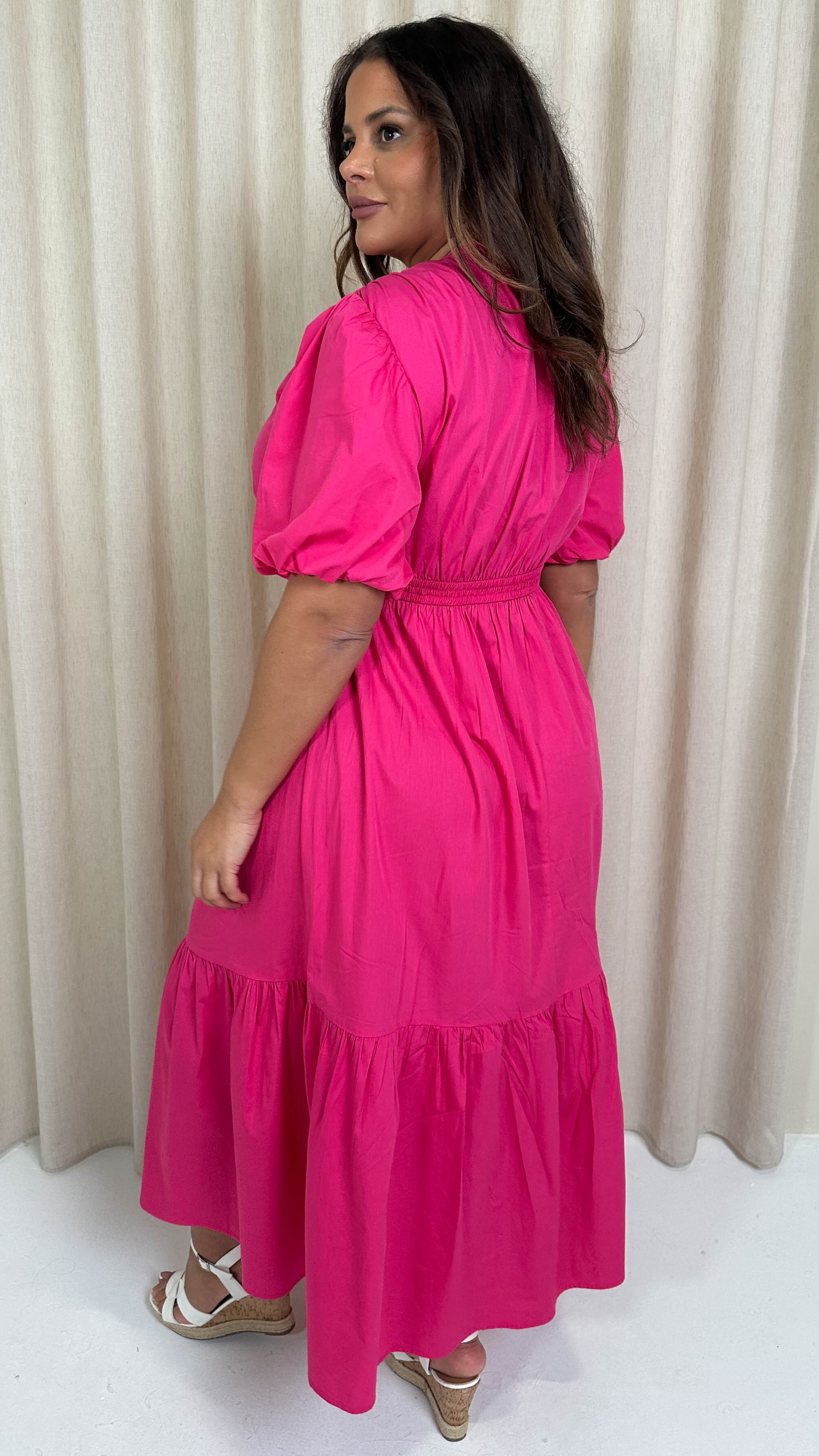 CurveWow Puff Sleeve Vneck Maxi Dress Fuchsia