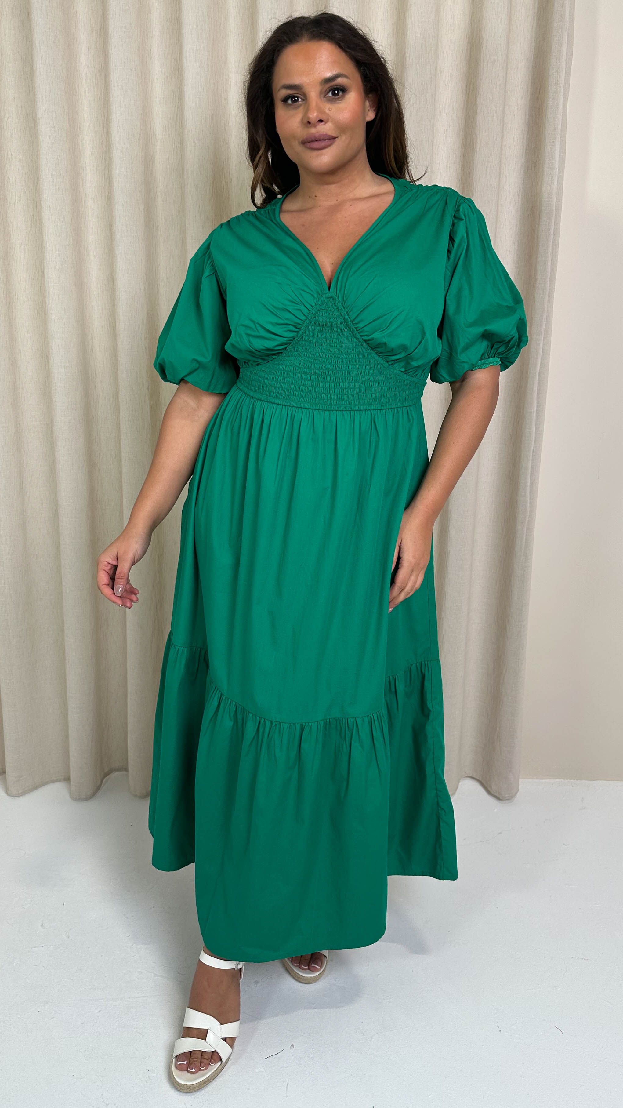CurveWow Puff Sleeve Vneck Maxi Dress Emerald