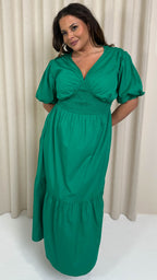 CurveWow Puff Sleeve Vneck Maxi Dress Emerald