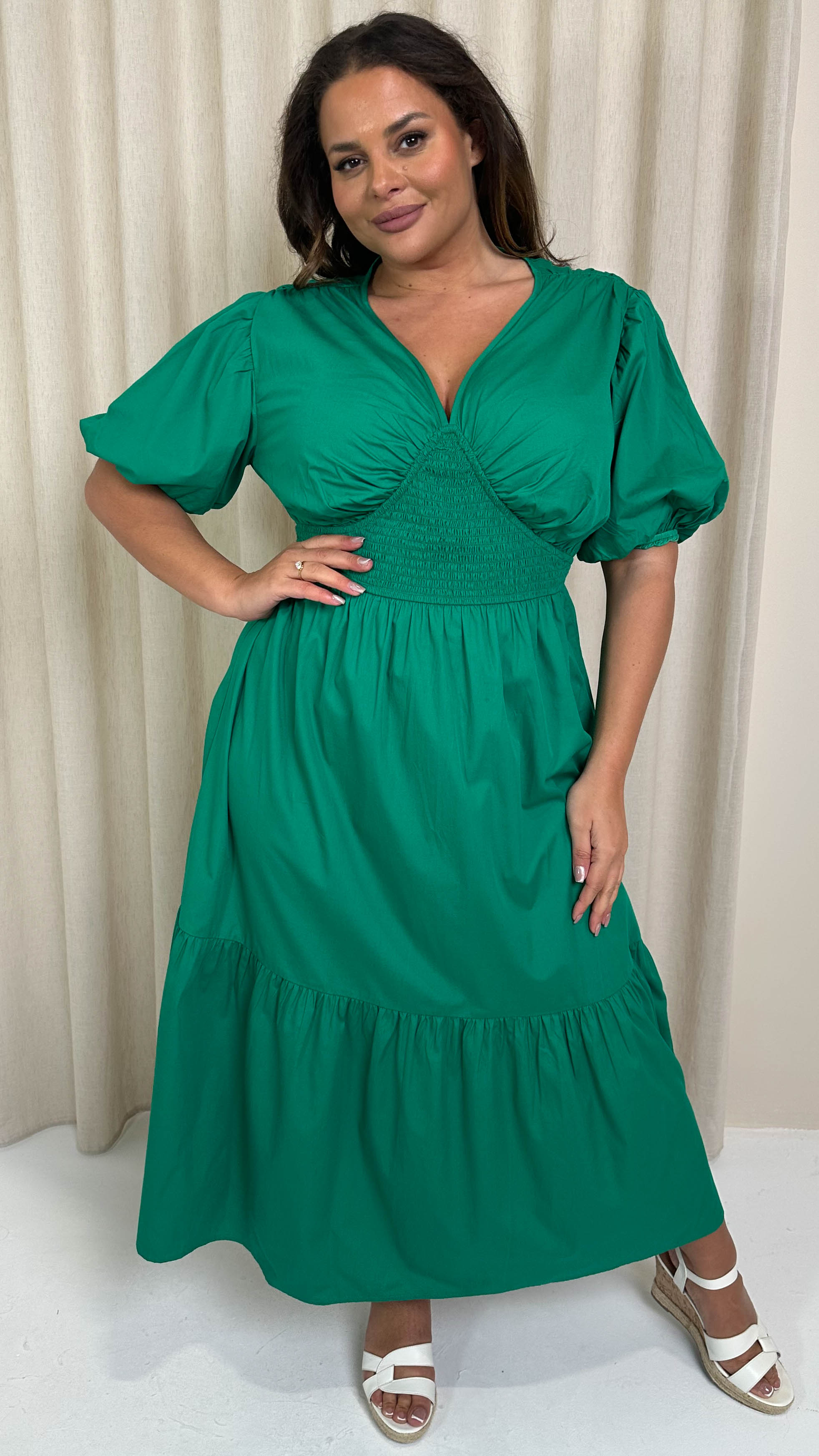 CurveWow Puff Sleeve Vneck Maxi Dress Emerald