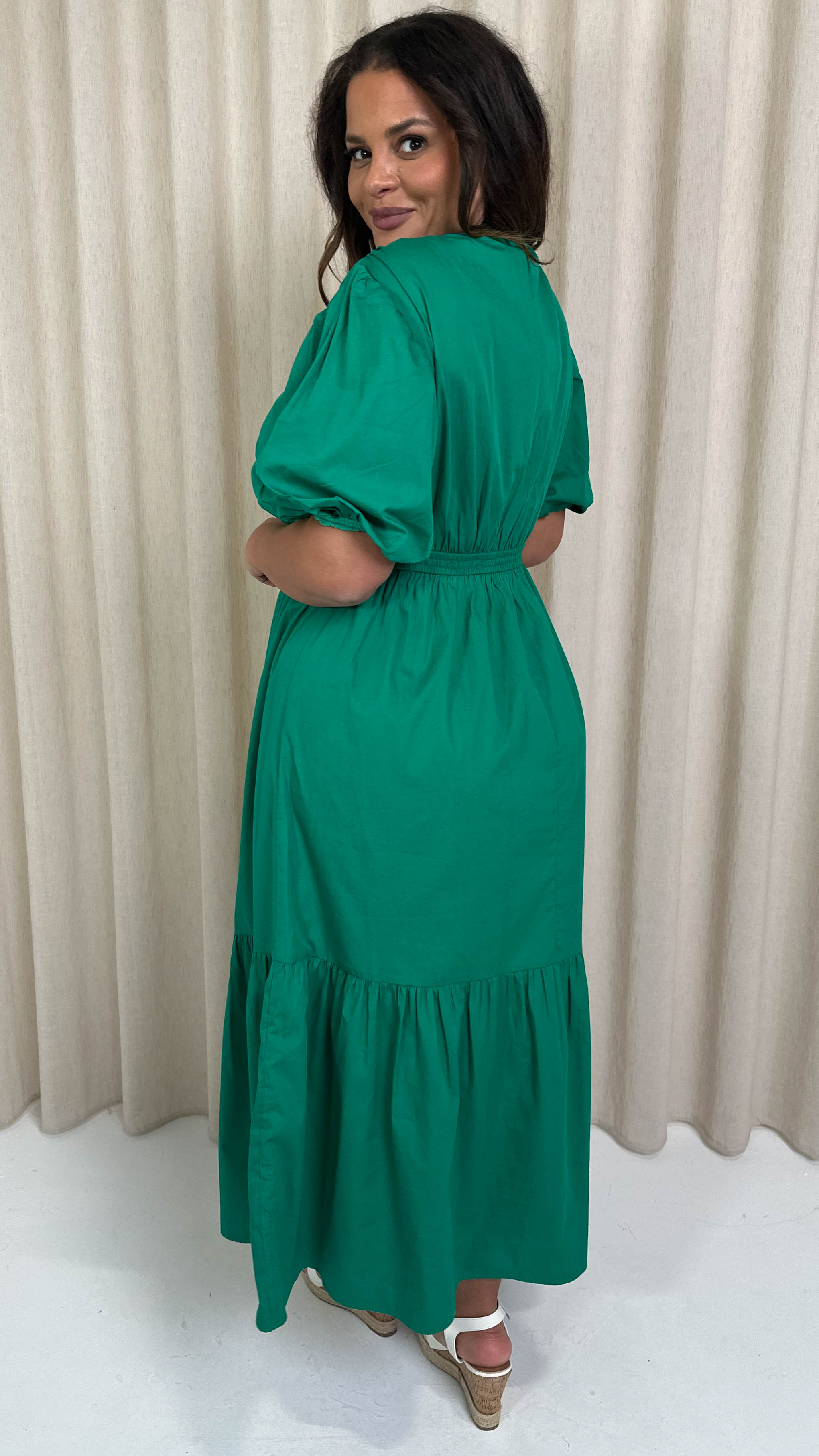 CurveWow Puff Sleeve Vneck Maxi Dress Emerald