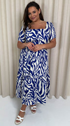 CurveWow Square Neck Puff Sleeve Dress Blue Zebra
