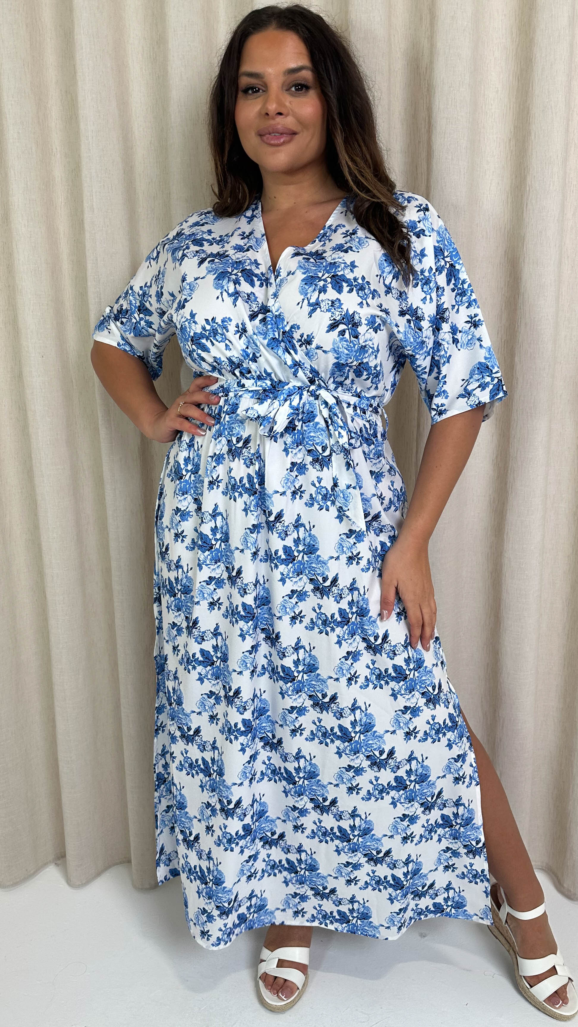 CurveWow Oriental Wrap Maxi Dress Blue Floral