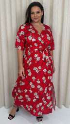 CurveWow Oriental Wrap Maxi Dress Red Floral