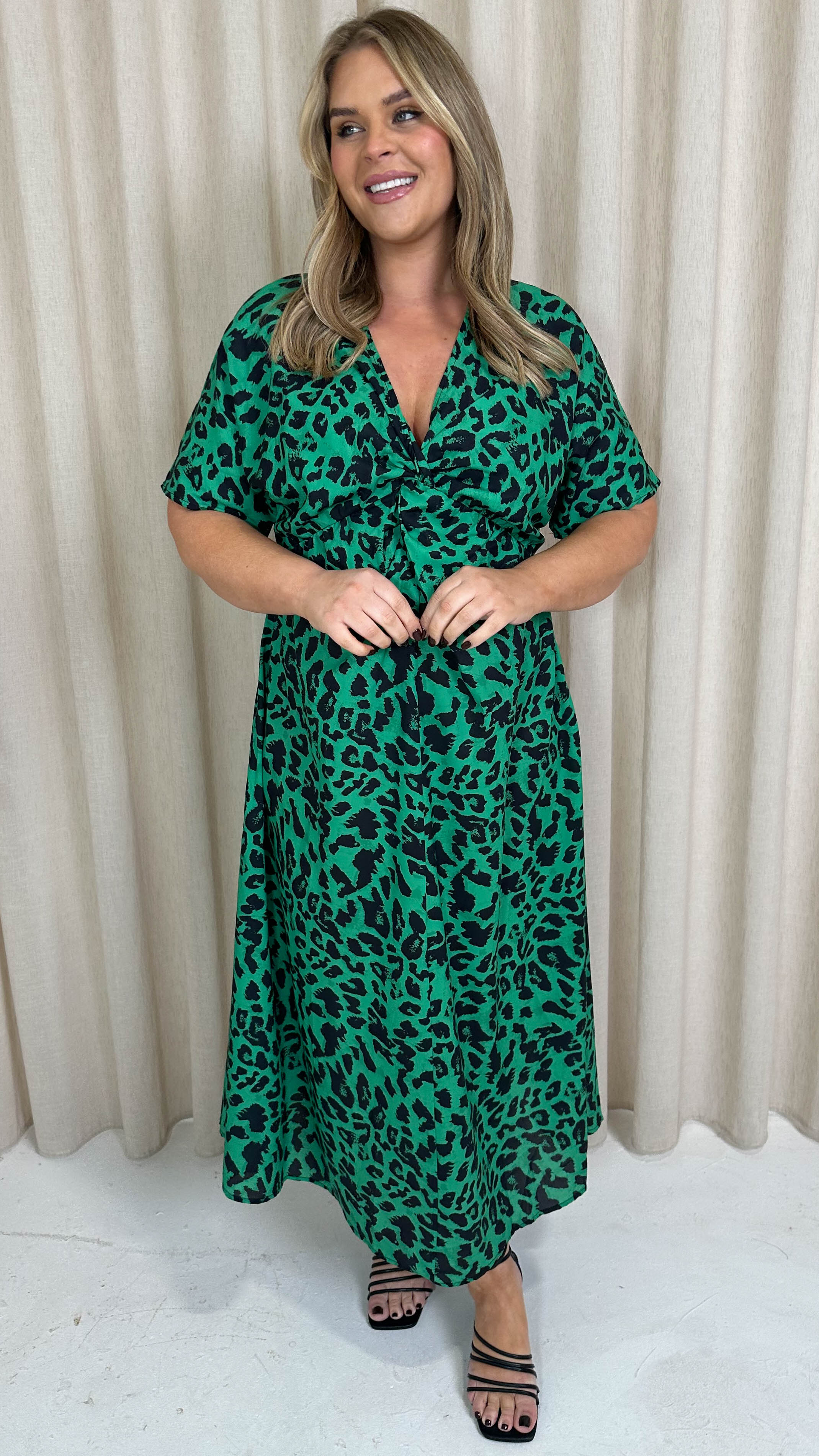 CurveWow Satin Knot Front Maxi Dress Green Animal