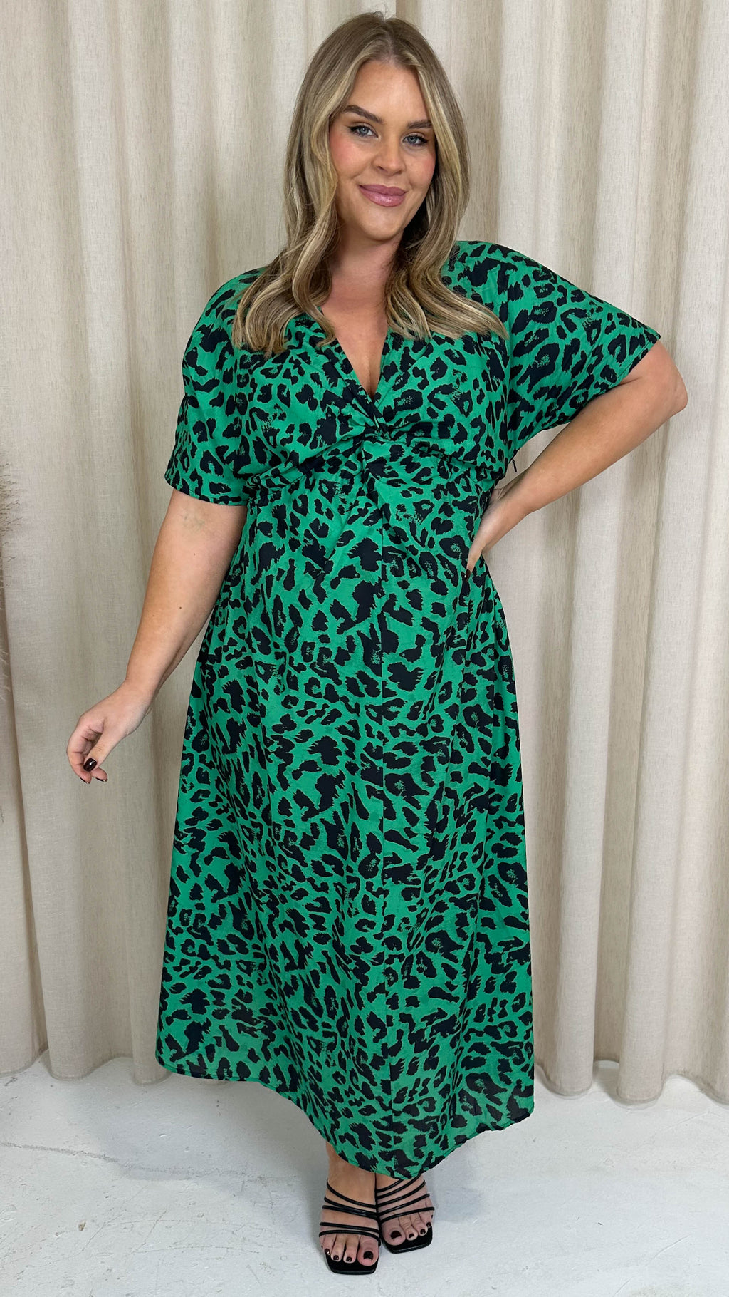 CurveWow Satin Knot Front Maxi Dress Green Animal
