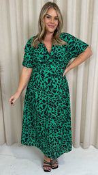 CurveWow Satin Knot Front Maxi Dress Green Animal