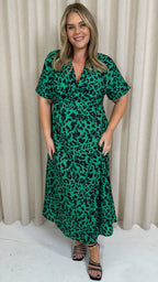 CurveWow Satin Knot Front Maxi Dress Green Animal