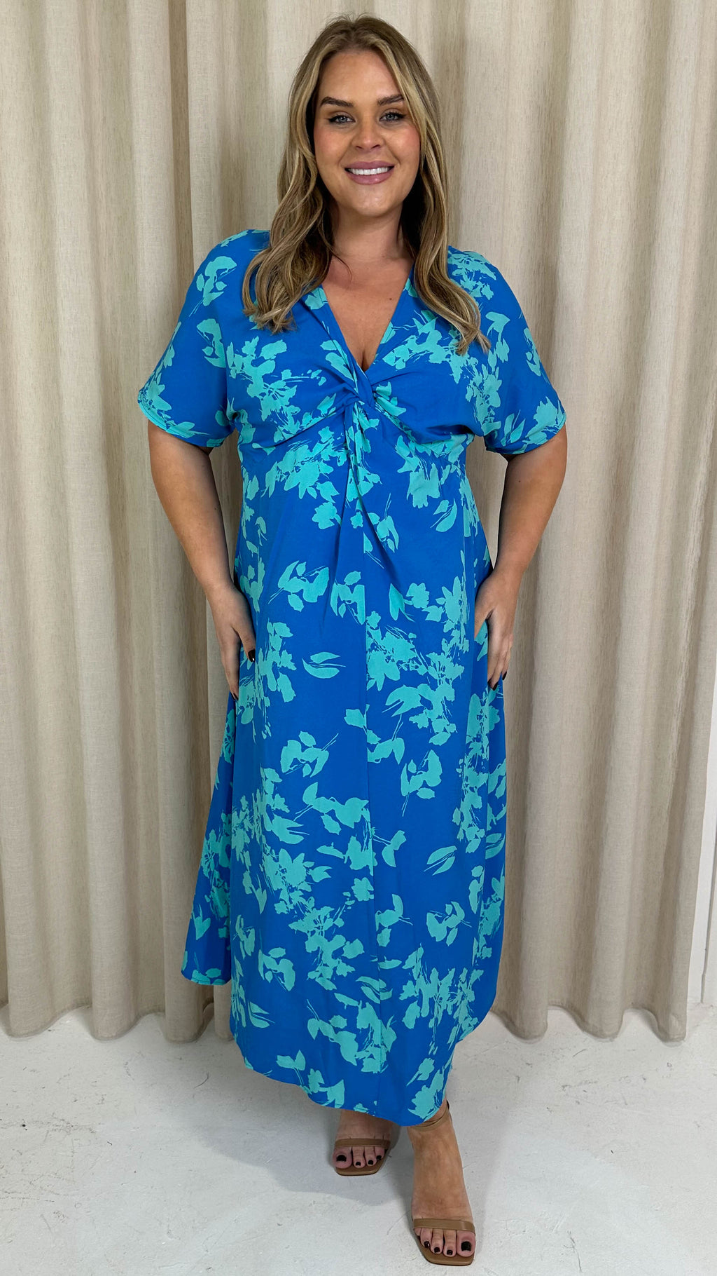 CurveWow Satin Knot Front Maxi Dress Blue Floral